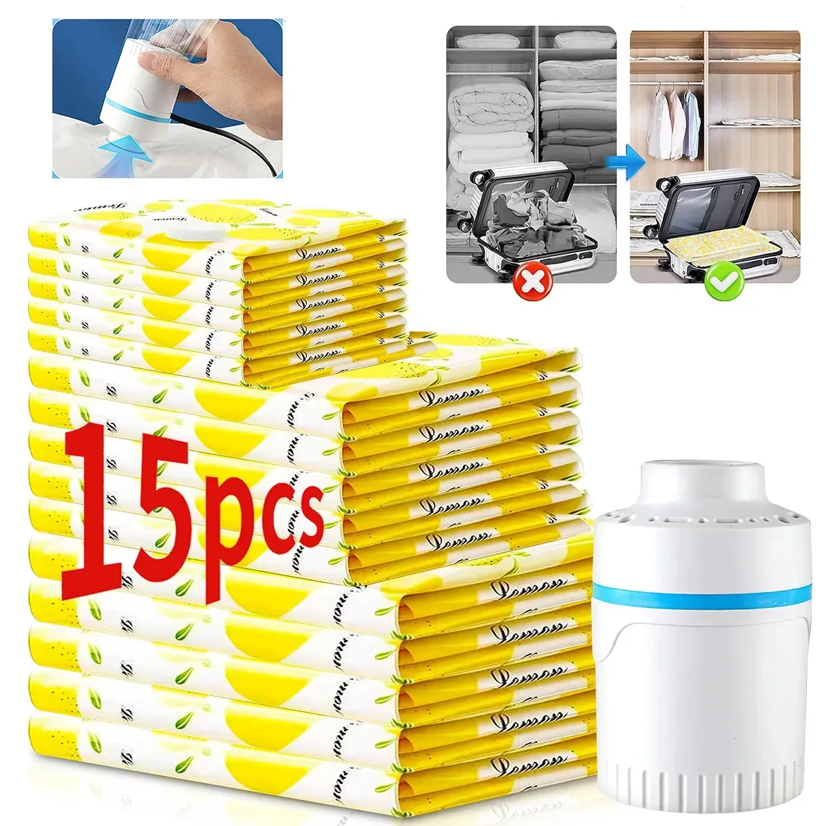 Kit 15 Saco A Vacuo Viagem Elétrica Otimização Espaço+bomba Vazamento duradouro, reutilizável Atualização e reforço da estrutura Eficaz na barreira contra mofo, poeira, pragas e odores desagradáveis