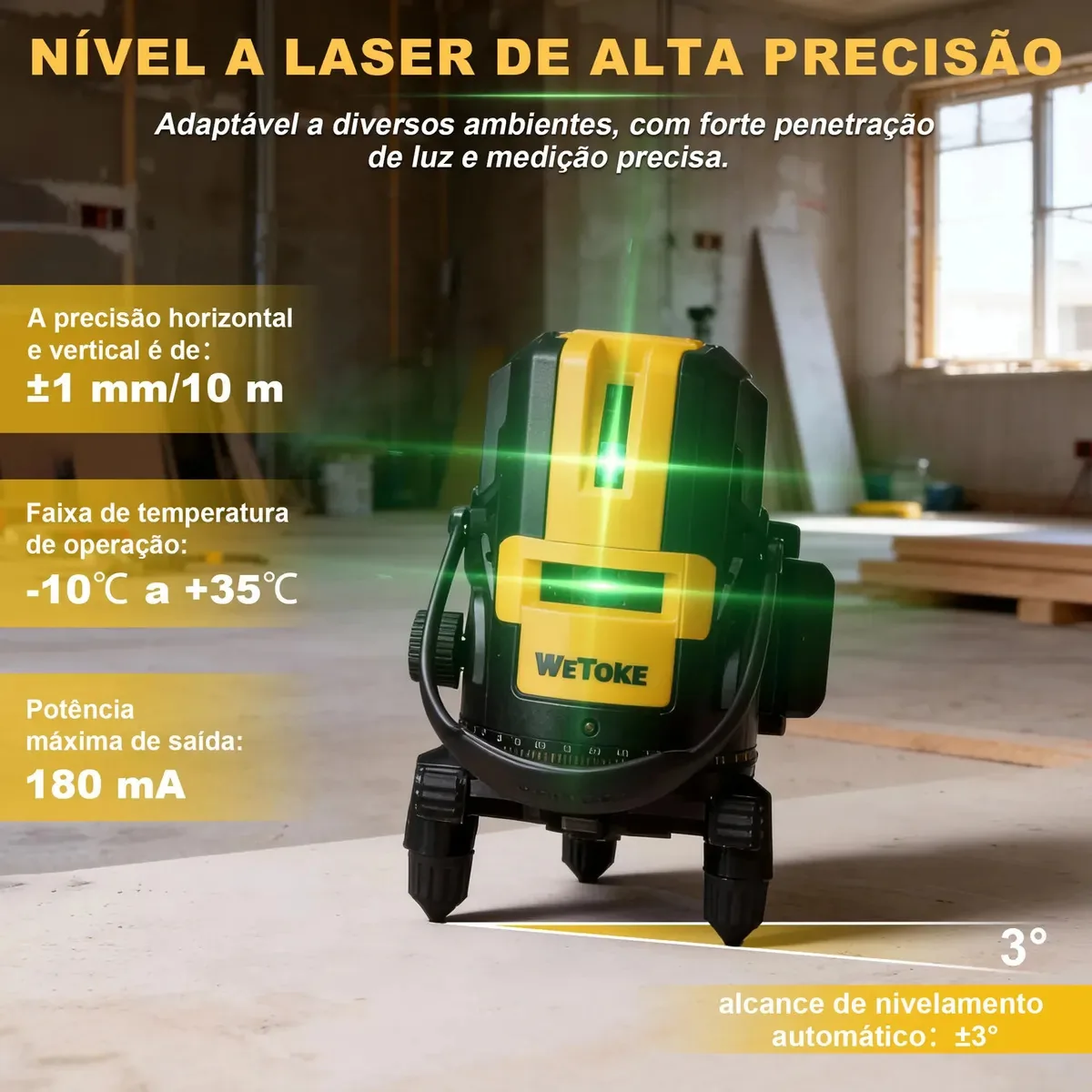 Nível A Laser 5 Linhas Verde Auto Nivelamento Com 2 Baterias Recarregáveis, Prumo, Esquadro, Óculos De Segurança, Carregador E Estojo Para Obras, Reformas E Instalações