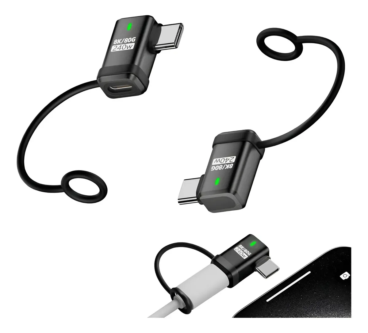 2 unidades de adaptador USB-c macho para fêmea, ângulo lateral 90