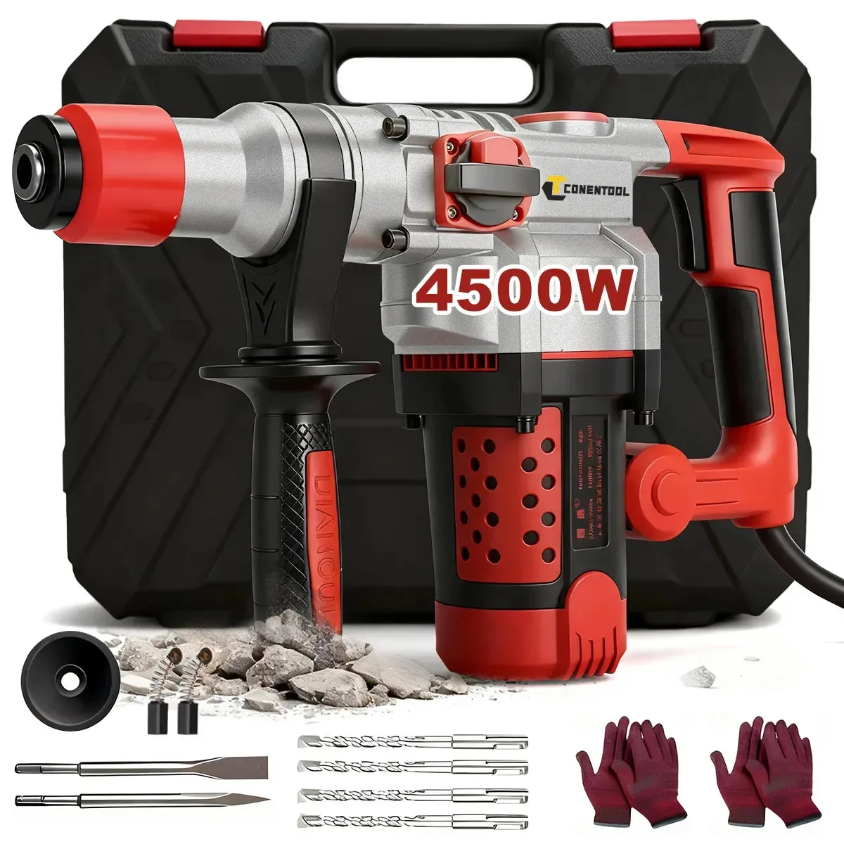 Martelete Perfurador Rompedor Professional 4500w Martelo Perfuração, corte e perfuração por impacto Alça ajustável de 360° Durável e resistente Com luvas e caixa de ferramentas