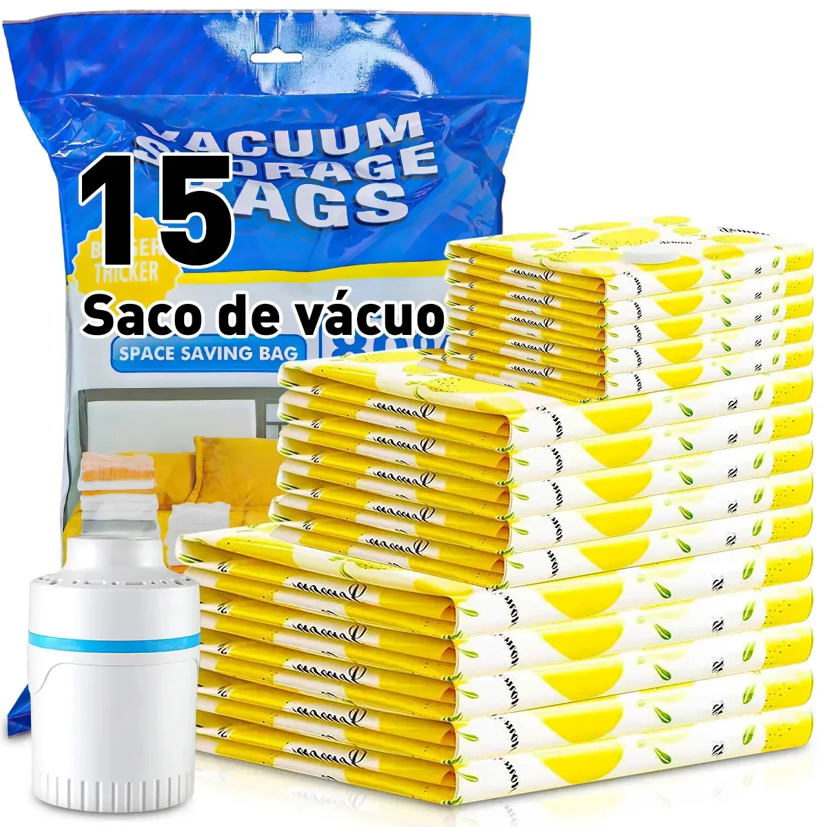 Kit 15 Saco A Vacuo Viagem C/ Bomba Elétrica Portátil Otimização 100x80cm/100*70cm/80x60cm Roupa Mala Edredom