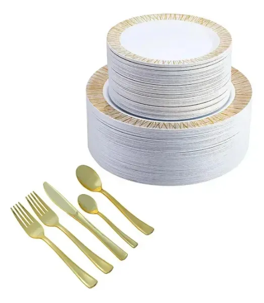 Talheres descartáveis dourados de 175 peças para 25 pessoas incluem pratos, copos, talheres e guardanapos, talheres e guardanapos, elegantes talheres de plástico premium para festas, casamentos,...