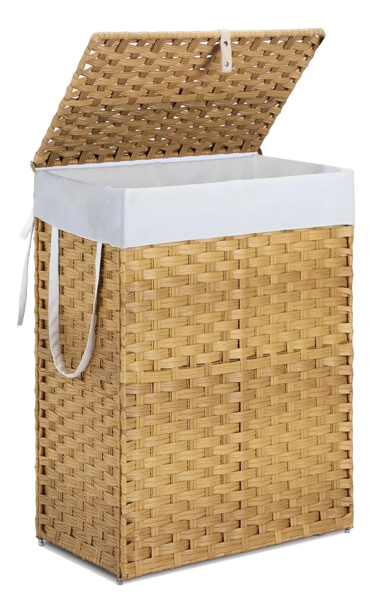 Cesto de roupa suja de tecido Dumas com tampa, grande cesto de ganso de vime amarelo C.
