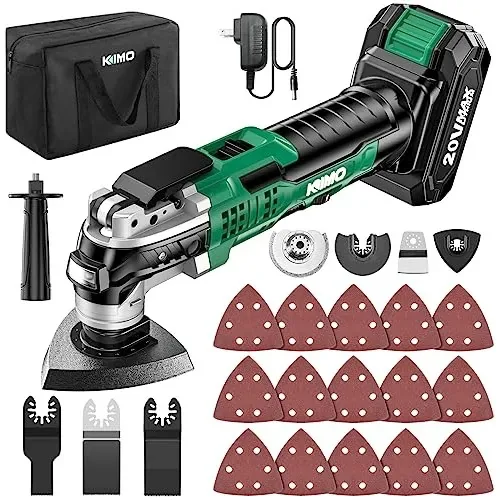 Kimo - Kit de ferramentas oscilantes sem fio de 20 V com 26 acessórios, máx. 21000 Opm, 6 velocidades variáveis e ângulo de oscilação de 3°, multiferramenta oscilante alimentada por bateria para