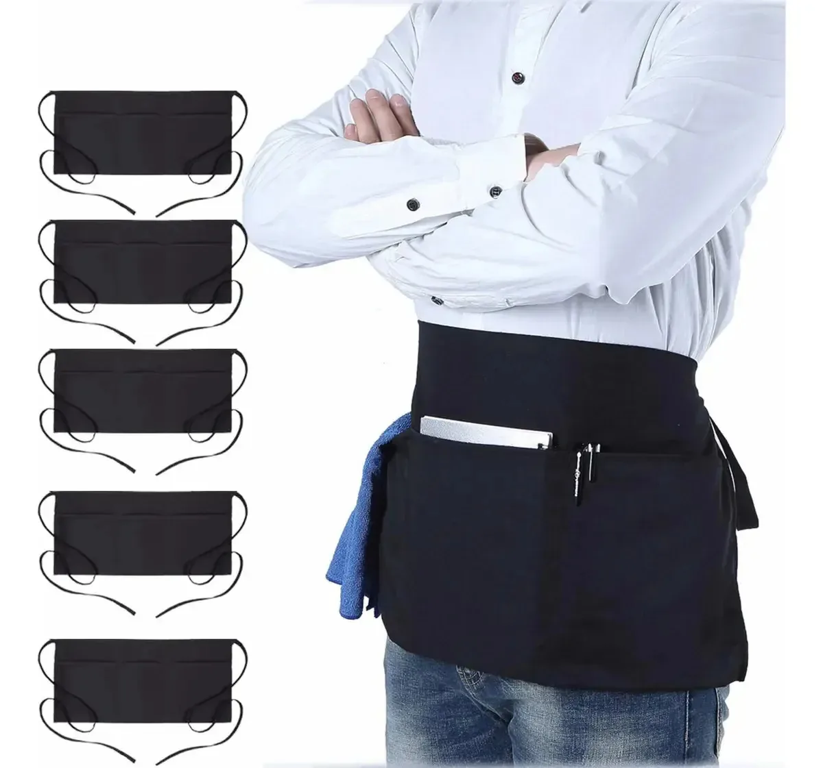 5 aventais de garçom com 3 bolsos Avental meio preto 5