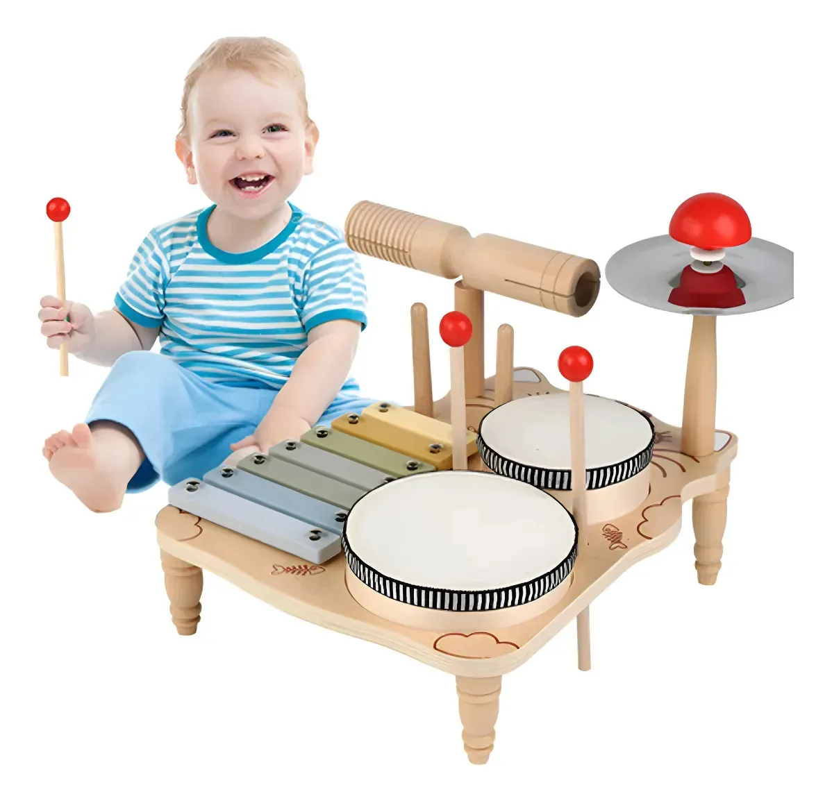 Conjunto de bateria infantil para crianças pequenas, instrumentos musicais Montessori 7 em 1, brinquedos musicais pré-escolares para crianças pequenas, kit de bateria xilofone, pandeiro, presentes...