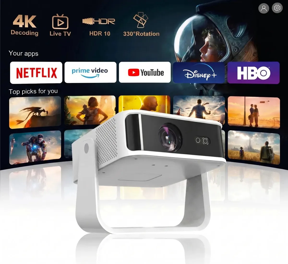 Projetores 4K Professional 21000lm Bigview Mini Projetor Portátil com Foco Automático e Trapezoidal, Smart TV Android, Bluetooth5.0 Wifi 6, Full Hd Nativo 1080p, Para Cinema em Casa e Ao Ar Livre