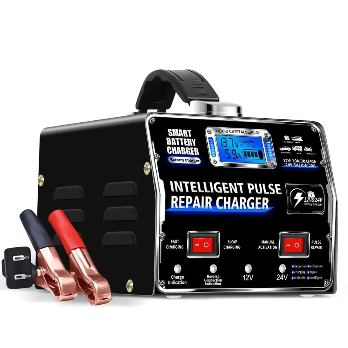 Carregador de bateria rápido inteligente com tela LCD, carregador rápido, dispositivos de carregamento de bateria 12v 24v, carregador de bateria, mantenedor e desulfator para carro, motocicleta, carro