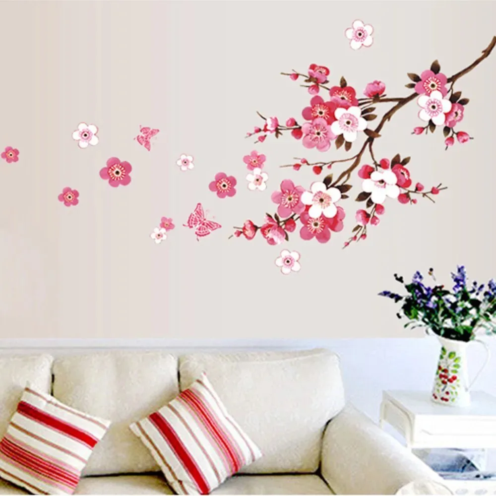 Adesivos de parede rosa decorativos removíveis Ufengke Spring Cherry Blossoms and Butterfly Adesivos de parede DIY para sala de estar, quarto