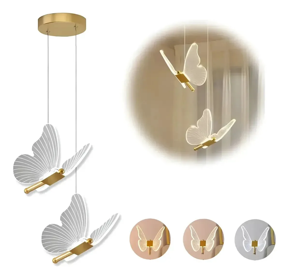 Luminária Pendente Butterfly Gold Com 2 Luzes, Luminária Suspensa Led Em Acrílico, Luminárias Pendentes Led Butterfly, Luminária Pendente Ouro Com Temperatura Tricolor