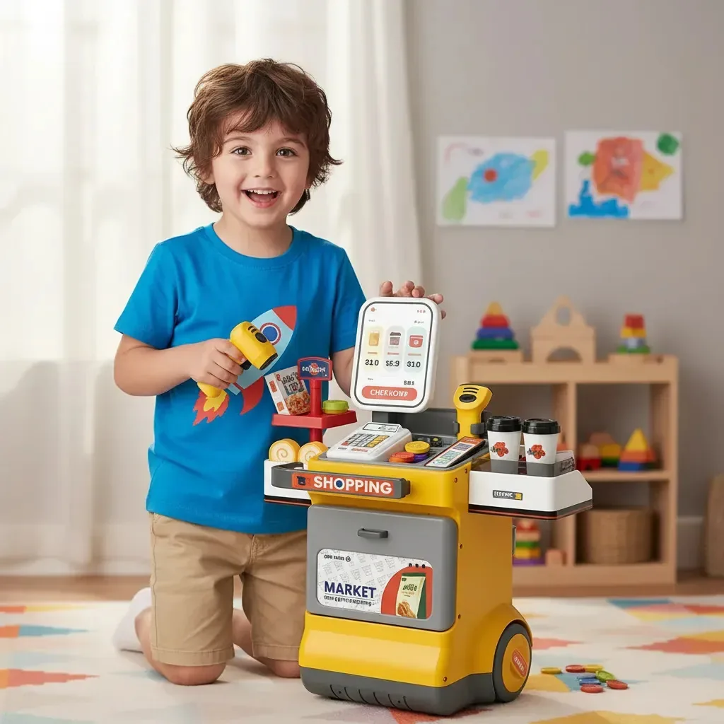 Caixa registradora de supermercado infantil de 48 peças amarela amarela