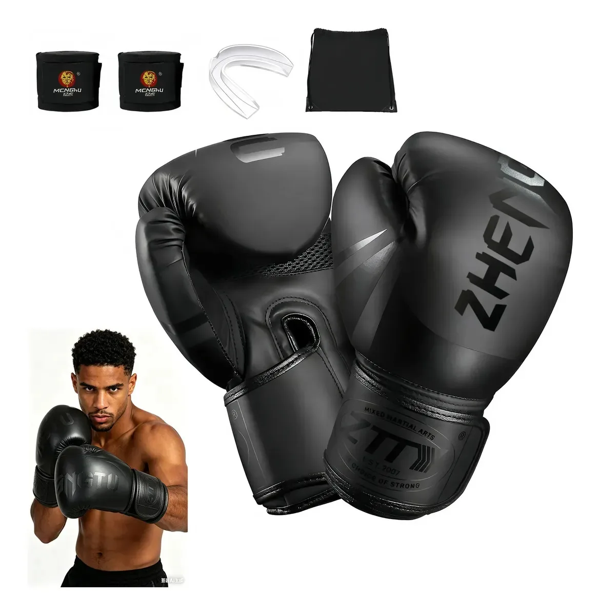 Kit Luvas de Boxe Profissional Gold Care com Bandagens e Protetor Bucal