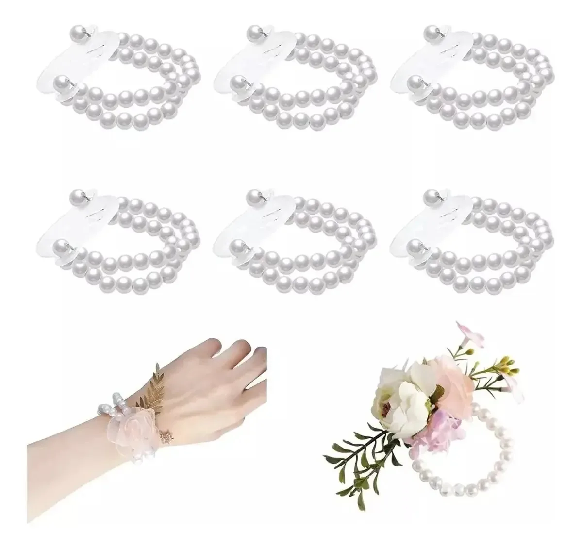 Pulseiras elásticas de pérolas, 6 unidades, brancas