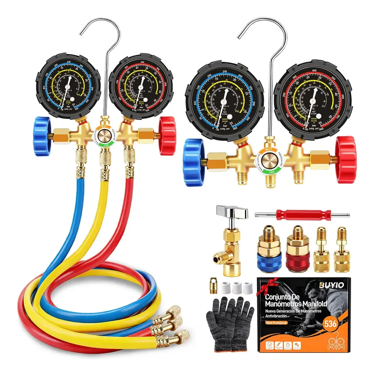 Conjunto de medidores de pressão de refrigeração Manifold R134a R22 R404a R410a com mangueira de 90 cm e válvula de metal com pressão de 1,6%