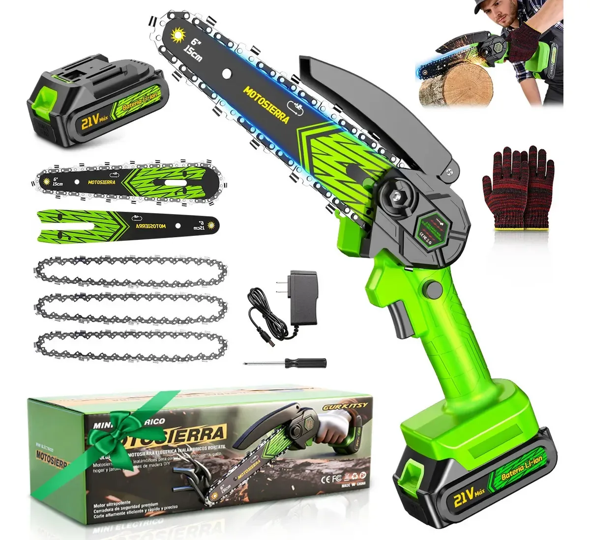 Mini motosserra elétrica portátil portátil Kozfule de 6 polegadas 1500w com bateria de 8000mah e acessórios completos, cor verde