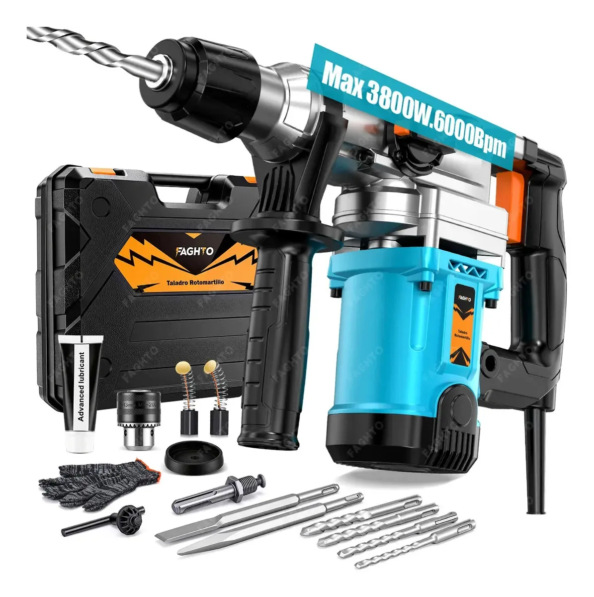 Furadeira de martelo rotativo 3800w Perfurador industrial 6000bpm 10j Kits de martelo Buyio Martelo Cinzelador de martelo rotativo Cinzelador de perfuração industrial SDS-plus com embreagem automática