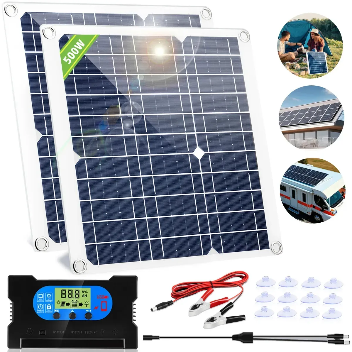 Kit de 2 painéis solares, módulo de 500 W com controlador de carga de 100 A, painel solar monocristalino Suzwip com portas USB e Ip67 à prova d'água para exterior/casa