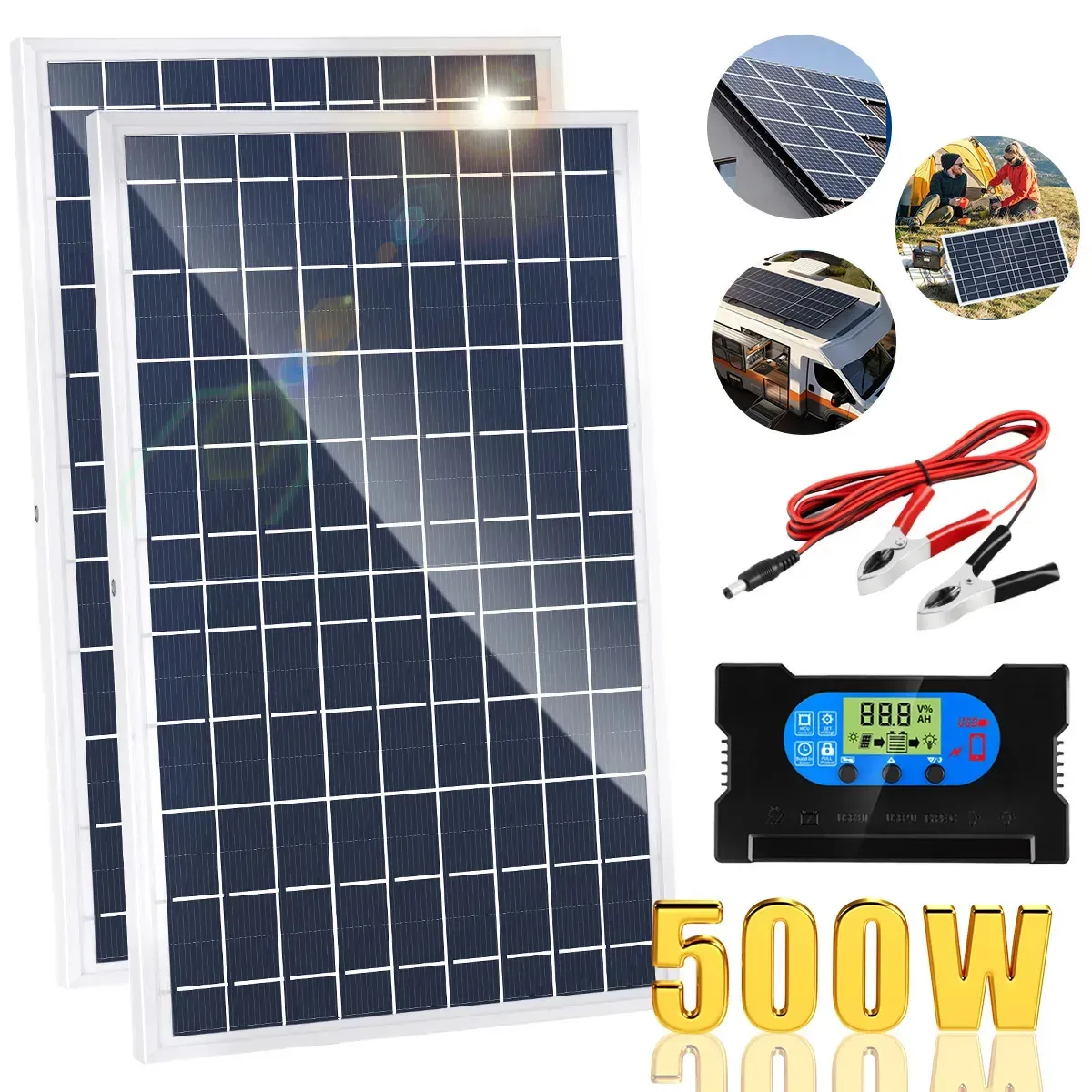 Kit de módulo solar de 2 painéis solares de 500W com controlador (10-50A), painel solar Suzwip Celda com portas USB/DC, IP65 impermeável