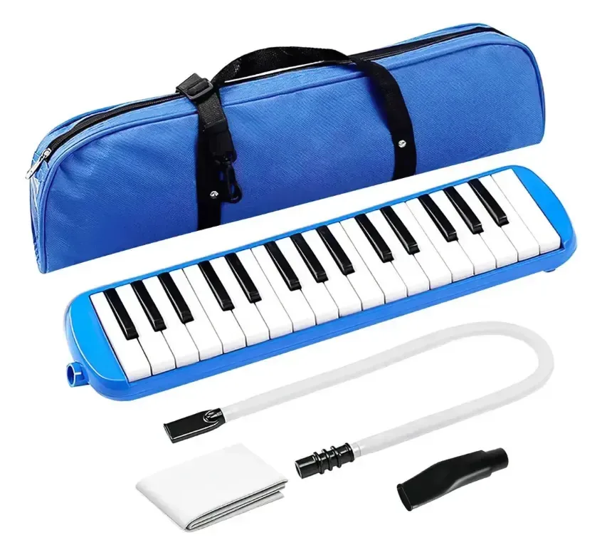 Melodica Escolar 32 Tecla Instrumento com estojo Acessórios azuis