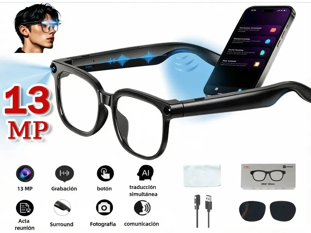 Óculos de câmera de 13 MP Óculos inteligentes com Bluetooth 5.4 duplo, Wi-Fi 6, com capacidade de computação de IA dedicada, permitem tradução em tempo real, reconhecimento visual inteligente e...