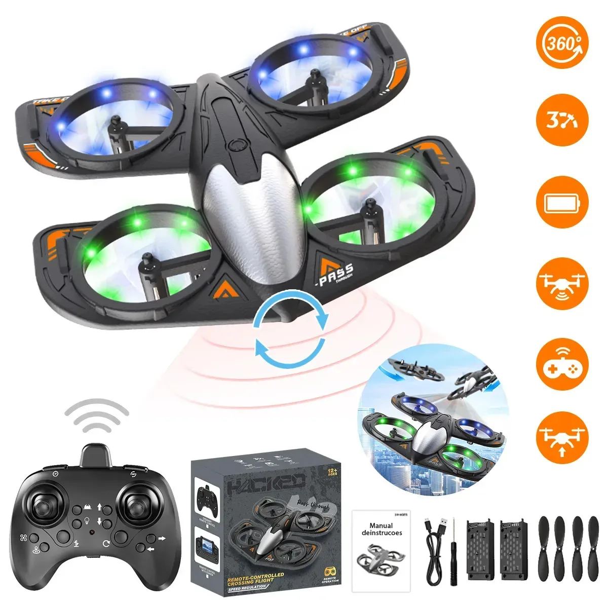Drone Brinquedo 2 em 1 DAOYEE RX122 MX para Crianças, com Controle Remoto e 2 Baterias Laranja