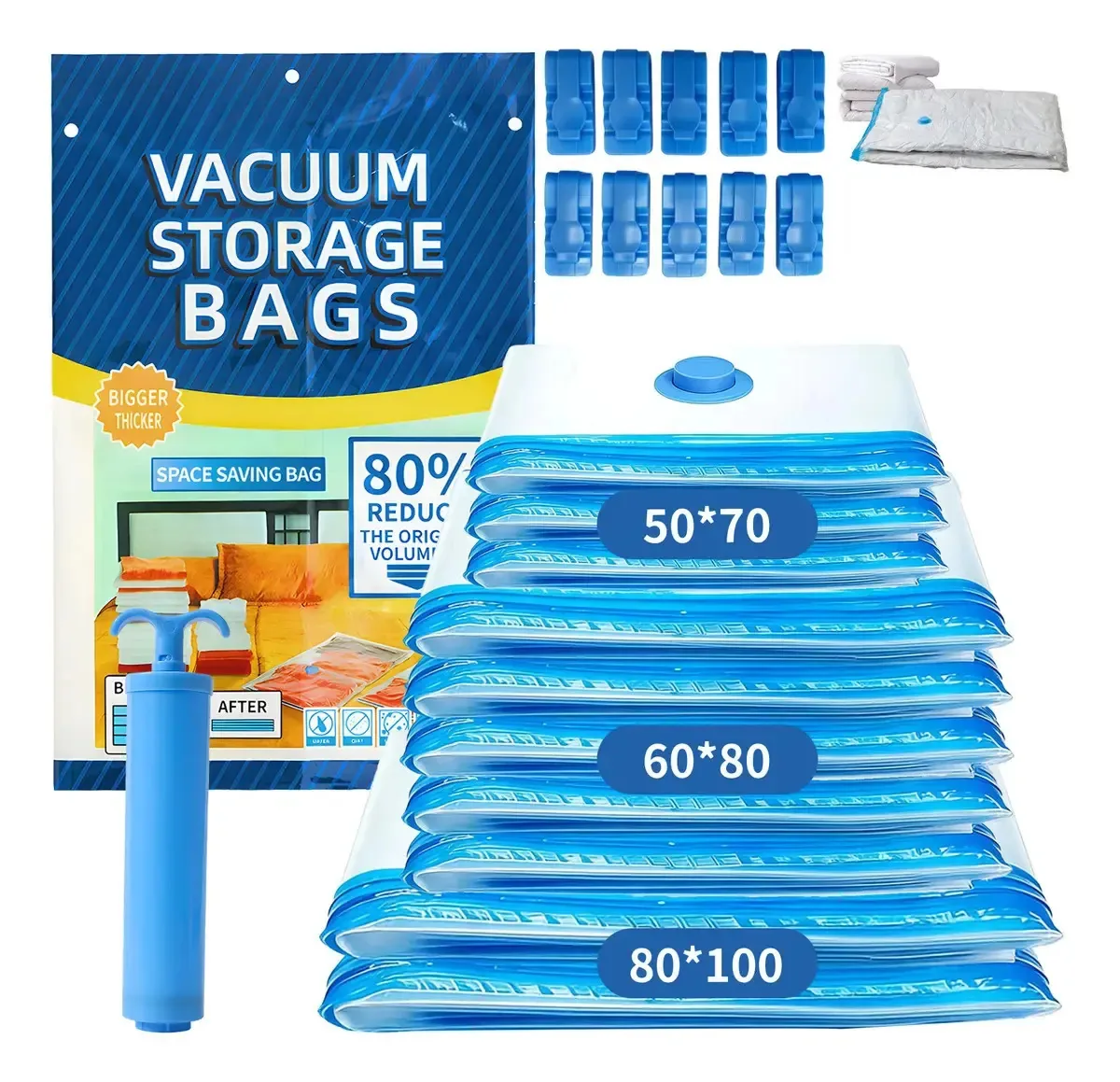 Kit saco a vácuo 10 unidades tamanhos variados com bomba a vácuo reutilizável, saco vácuo viagem para saco vácuo mala, protege peças contra mofo e poeira, perfeito para organização doméstica.