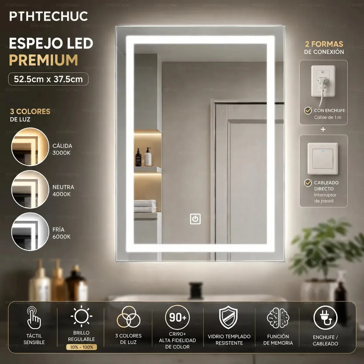 Espelho de parede Pthtechus Touch com três luzes LED, ideal para decoração sofisticada em vestiários, banheiros e vestiários. Espelho retangular de 52,5 x 37,5 cm