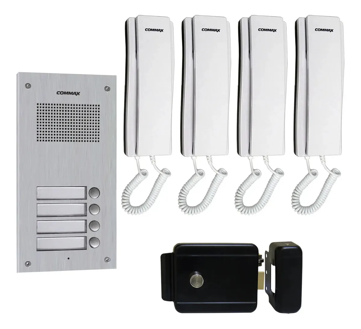 Kit de intercomunicação de áudio Commax com 4 interfones e placa elétrica branca