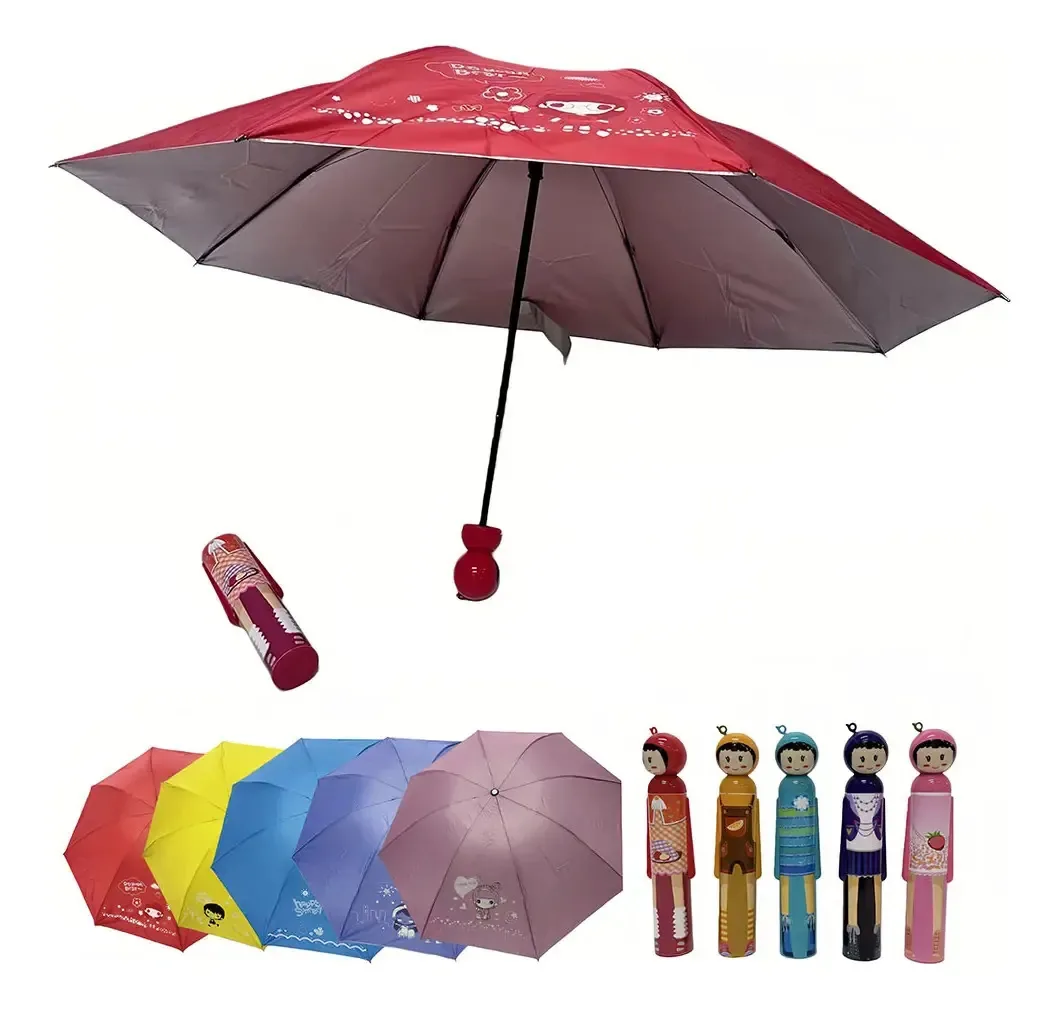Guarda-chuva dobrável de desenho animado para sol e chuva, vermelho