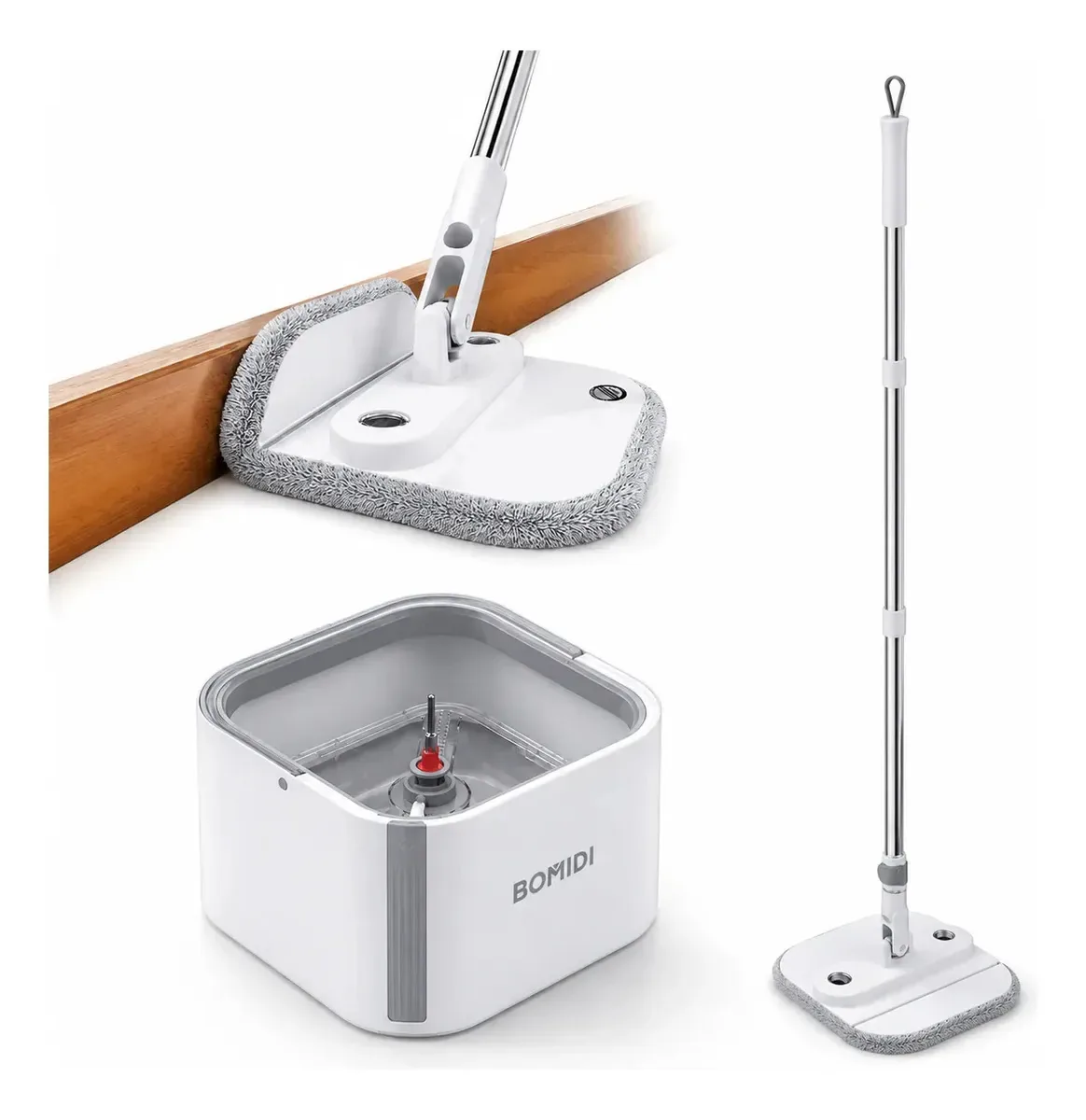 Mop Limpeza Giratório 2 Águas Premium Separação Água Limpa E Cabo 90-160CM Inox Retrátil , 2 Refis ,3L Balde BOMIDI