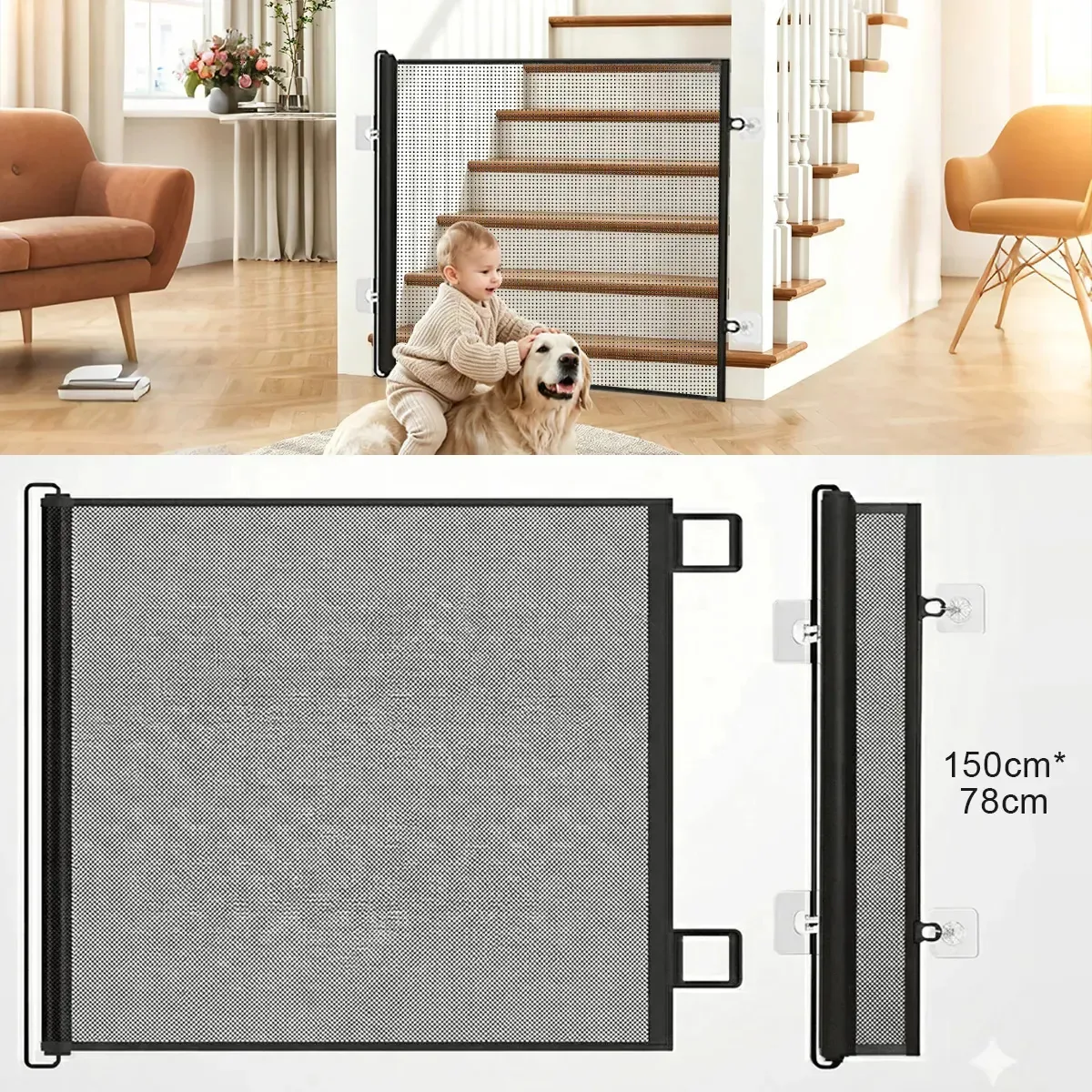 Tela Rede Barreira De Segurança Retrátil Para Escadas, Corredores E Portas Proteção Para Bebês Crianças Cães E Gatos, Malha Flexível Resistente Medidas 150cm X 78cm
