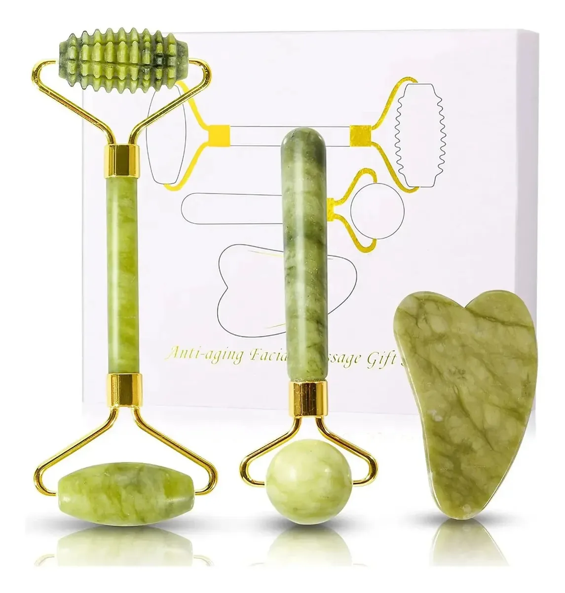 Massageador Jade | Massageador facial Jade Roller para massagem facial antienvelhecimento | Conjunto de rolo facial Jade Stone e Gua Sha | Perfeito para beleza do pescoço e rosto | Cuidados com a pele