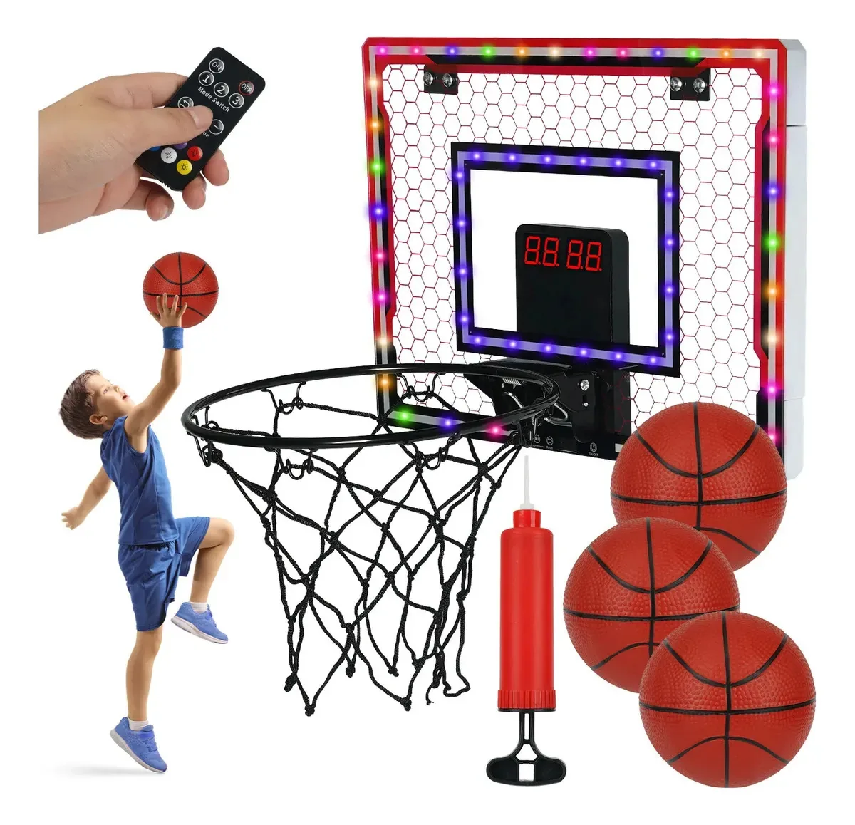 A cesta de basquete LED inclui 3 bolas de porta