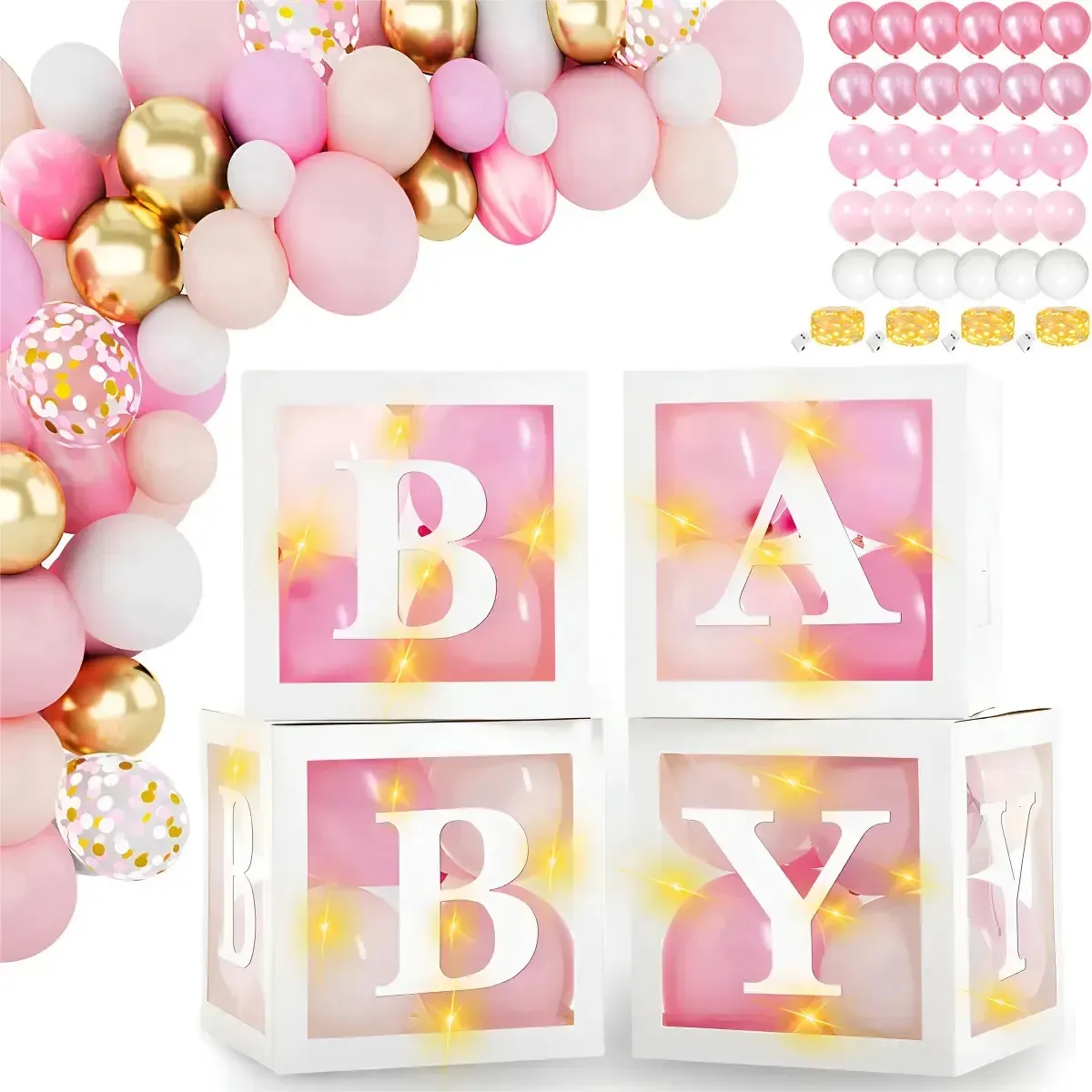 Conjunto de caixas de LED com balões e letras rosa para chá de bebê