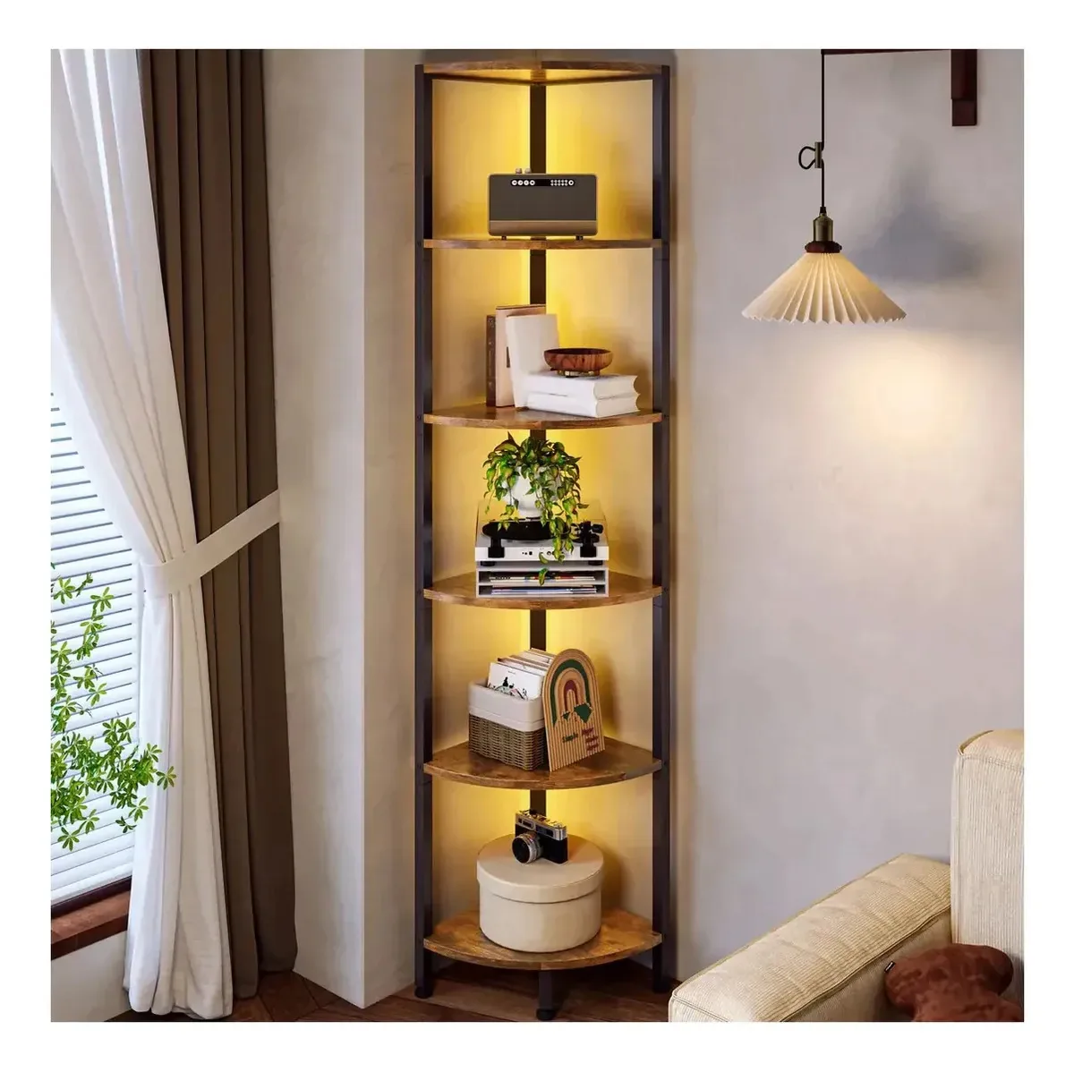 Estante minimalista moderna, tipo de prateleira, prateleira de madeira, prateleira de canto de 6 camadas com luz LED, prateleira de estante
