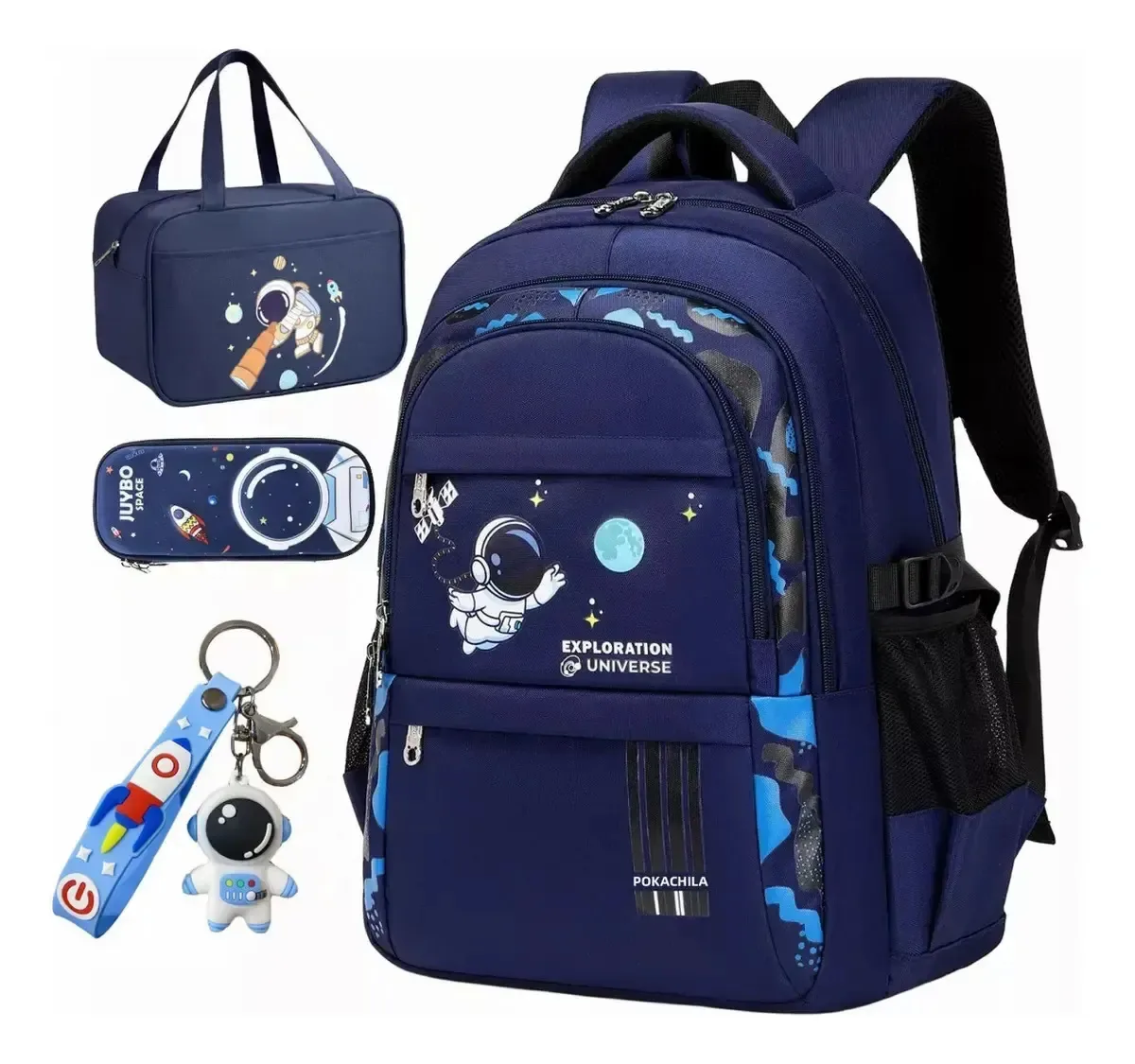 Kit 4 em 1: mochilas escolares para crianças do ensino fundamental, mochilas escolares impermeáveis de 30 litros para astronautas com lancheira térmica, estojo para lápis