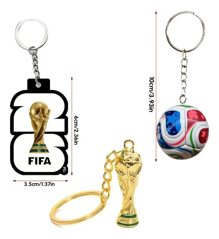 Conjunto de 3 teclas da Copa Fifa 2026, Mini Troféu, Bola, Colgantes