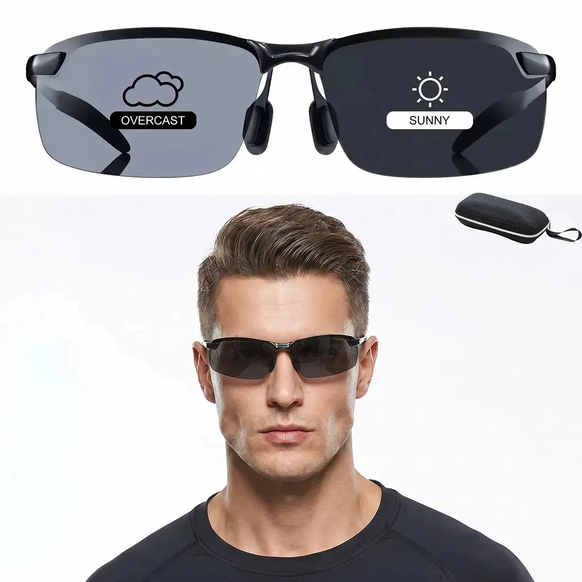 Lentes: óculos de sol fotocrômicos polarizados, óculos de sol diurnos e noturnos para adultos para homens e mulheres, lentes Uv 400, incluindo estojo e tecido para óculos