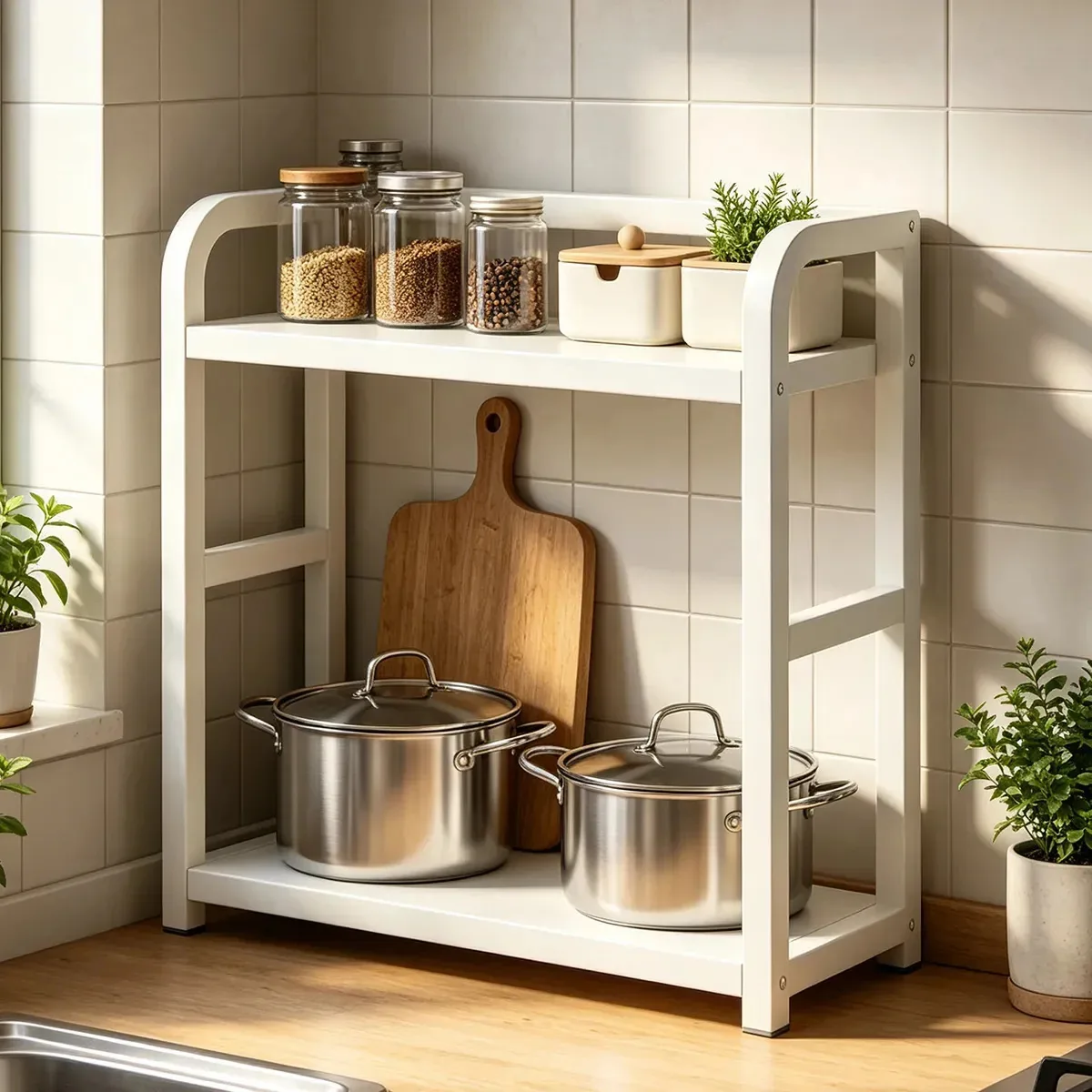 Organizadores de cozinha AMBUECO de 2 camadas Organizadores de cozinha multifuncionais empilháveis disponíveis para armazenamento e armazenamento. Cor: branco quente