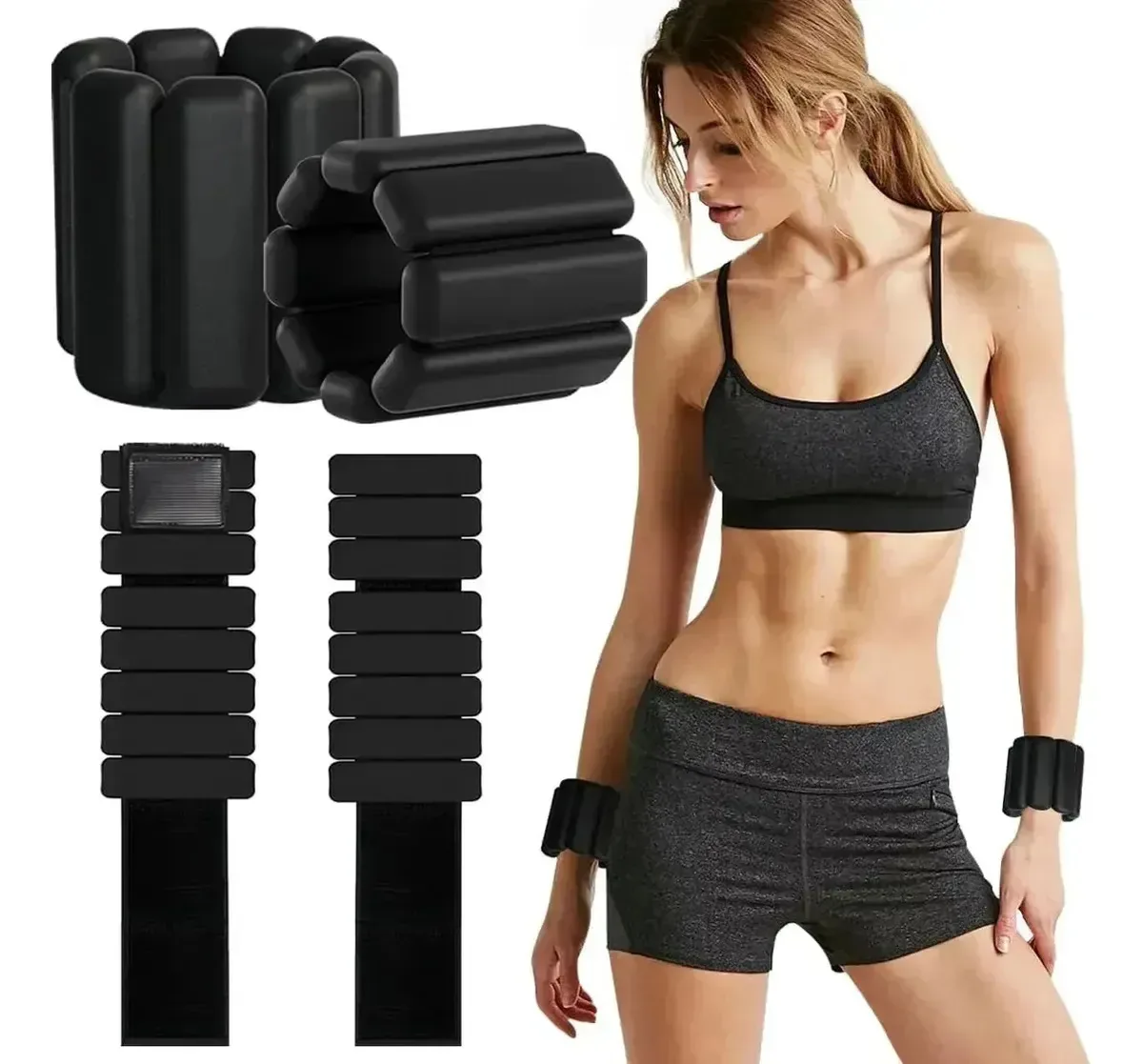 Par de tiras de tornozelo com pulseiras pesadas, pulseira, leggings de silicone, pretas