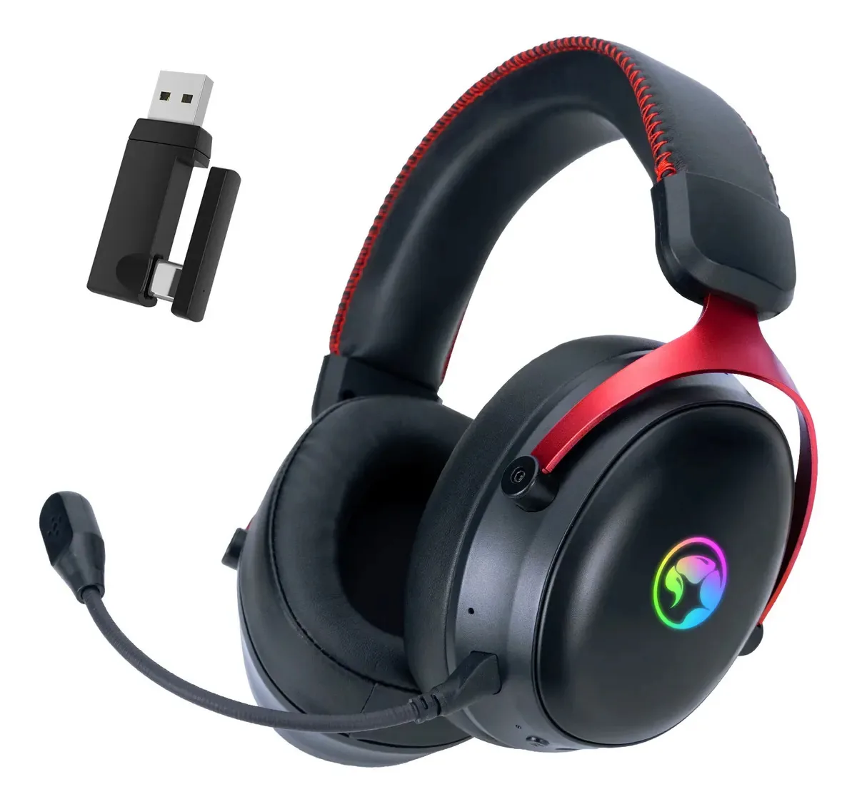 Fones de ouvido sem fio para jogos Os fones de ouvido Trimodo Connectivity têm drivers de 5,3 mm suportam som surround 7.1 e incluem um microfone removível e um LED RGB dinâmico Marvo Tactic X Pro