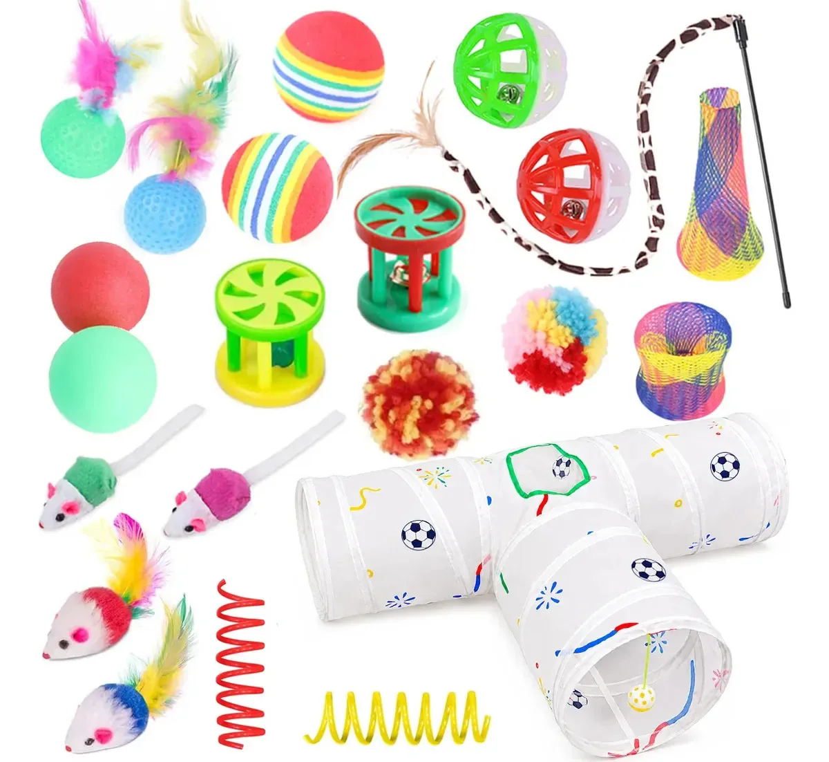 Pacote de 22 brinquedos multicoloridos para gatos com túnel para gatos, cor branca
