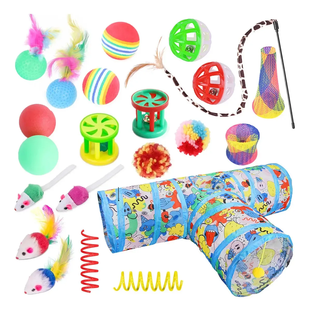 Pacote de 22 brinquedos multicoloridos para gatos com túnel para gatos, cor azul