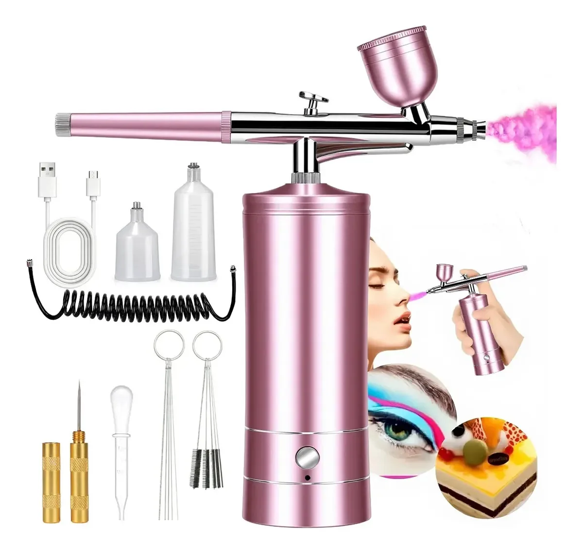 Aerografo Profissional Mini Compressor Portátil Recarregável Rosa
