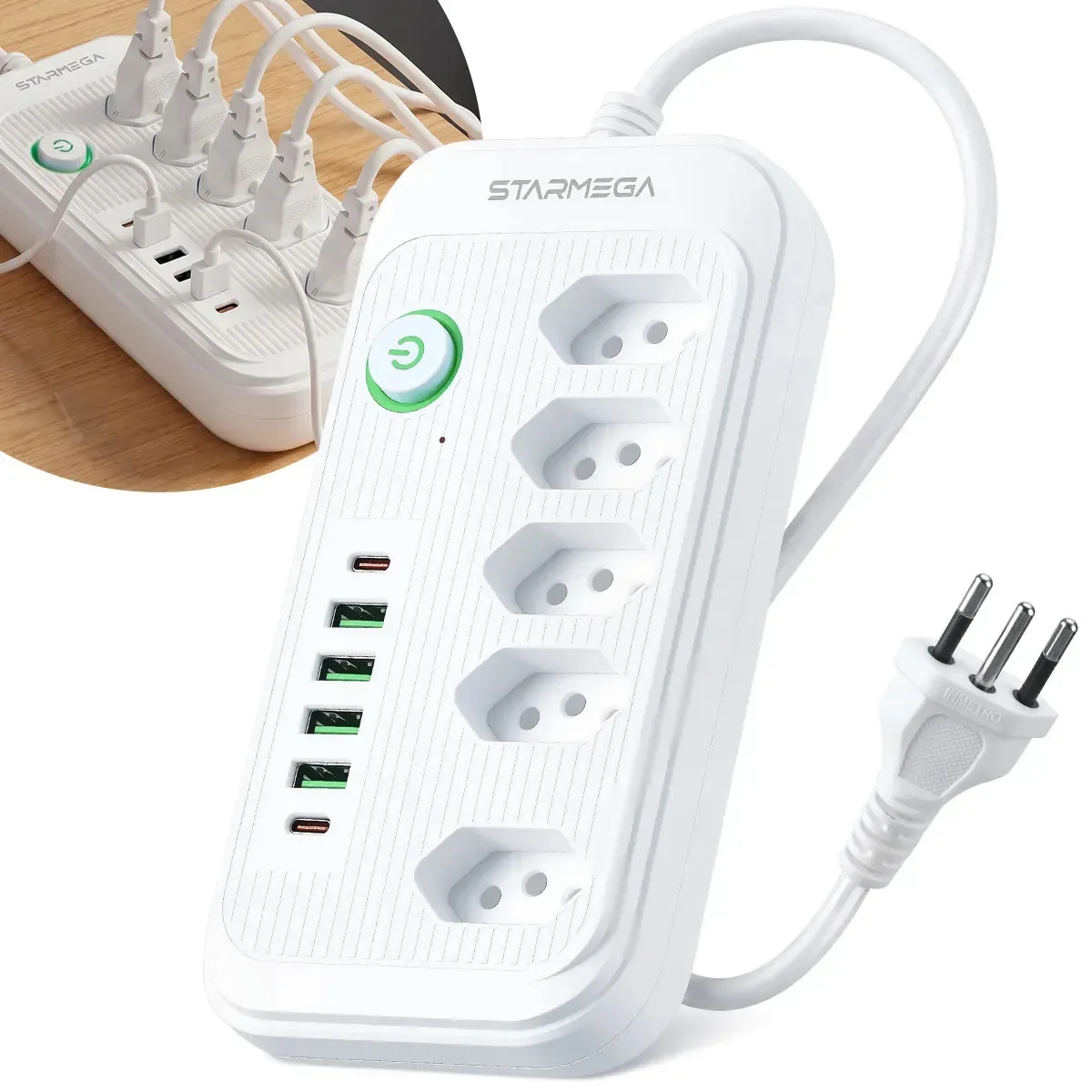 Régua Extensão Elétrica 5 Tomadas E 4 Usb 2 Usb-c 2 Metros Filtro De Linha Cor Branco - Starmega E105u