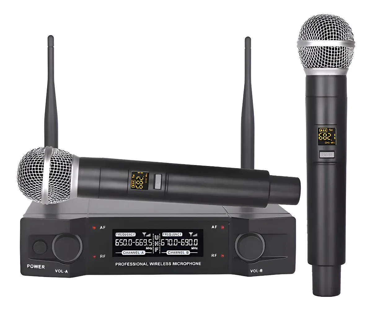 2 microfones portáteis sem fio profissionais para karaokê preto