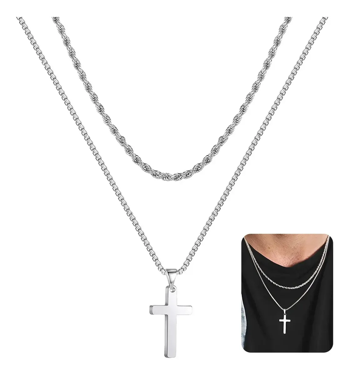 Colar Yerighv Chains Cross Charms, joias masculinas, aço inoxidável, prata, colares femininos, colares modernos para o Halloween, colar empilhável, 1 peça* comprimento 60 cm, 1 unidade* comprimento...