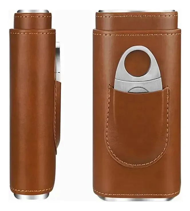 Estojo Kinichplay para 3 charutos marrons de couro genuíno com interior de cedro, umidor portátil com cortador de aço inoxidável prateado