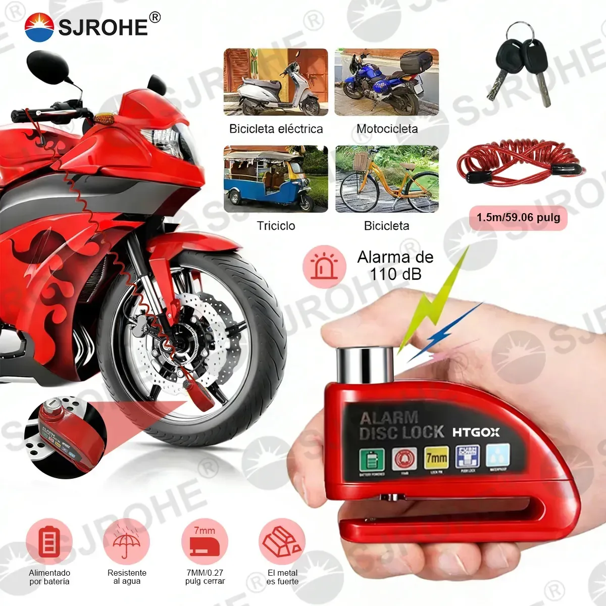 Alarme de cadeado de disco de motocicleta Sjrohe 110db à prova d'água Ip68 com segurança e anti-roubo, 2 chaves e pacote, corda e fechadura para motocicletas, veículos elétricos, bicicletas e...