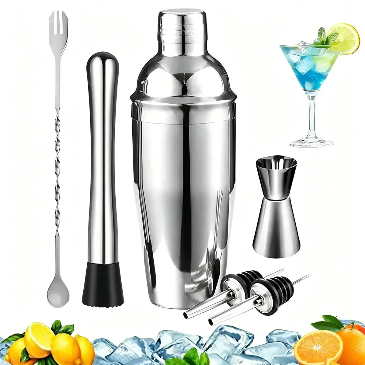 Conjunto de coqueteleiras de aço inoxidável Sunrise de 6 peças, coqueteleira para mixologia profissional, barman e casa, festas e reuniões